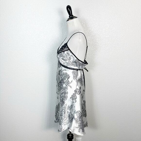 Y2K Babydoll Romantic Floral Print Lace Trim Chemise Satin Mini Slip Dress Large - Picture 6 of 14